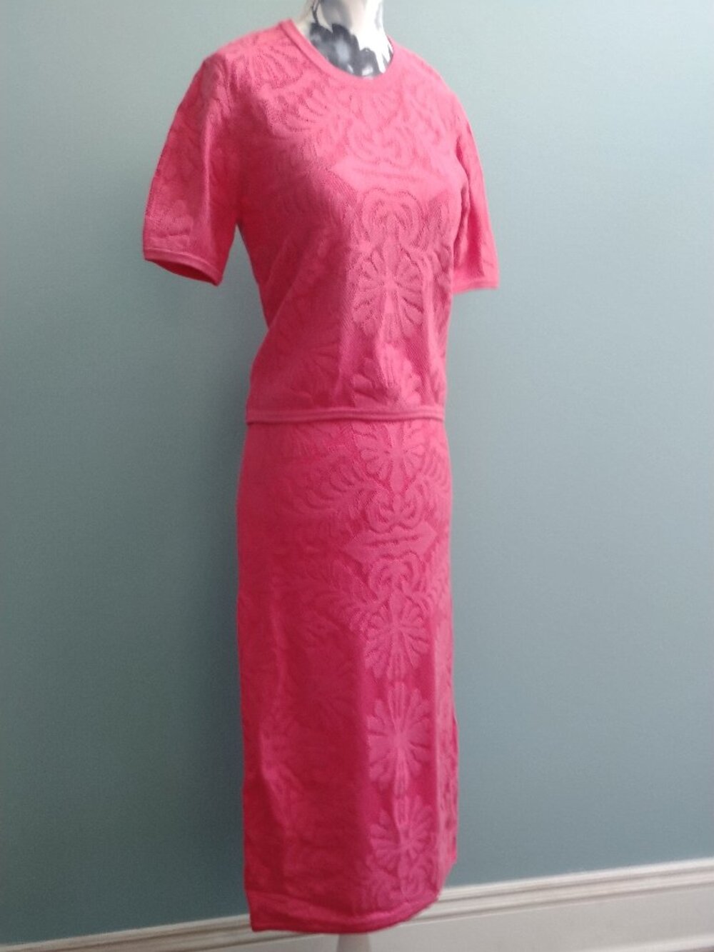 Christian Lacroix Vibrant Coral Knit Sweater & Skirt Matching Set, size S